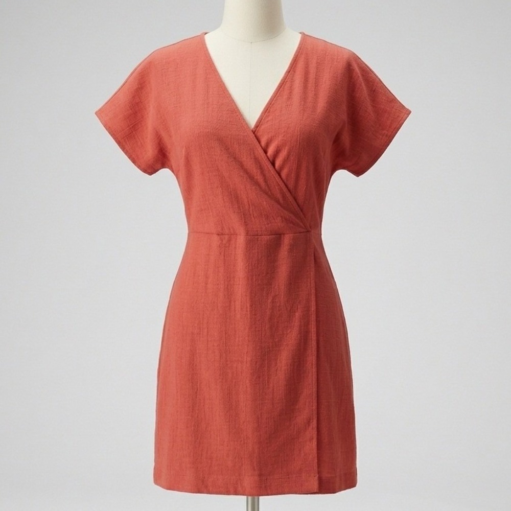Madewell Womens Rust Orange Wrap Front‎ Mini Dress Short Sleeve V-Neck Size M